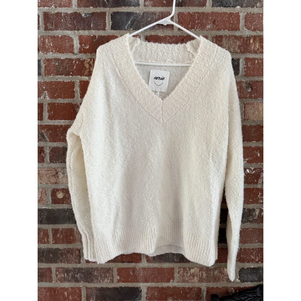 NWT‎ Aerie Women's un Real Oversized Oatmeal Cream V-neck Sweater  XS